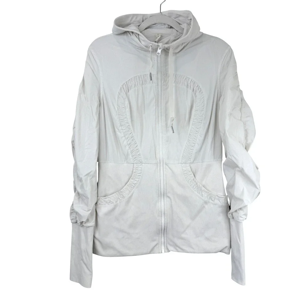 Lululemon Dance Studio Jacket Women 12‎ White Ruched Hooded Full Zip Activewear